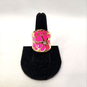 Bright Pink Floral Gold Tone Expandable Ring